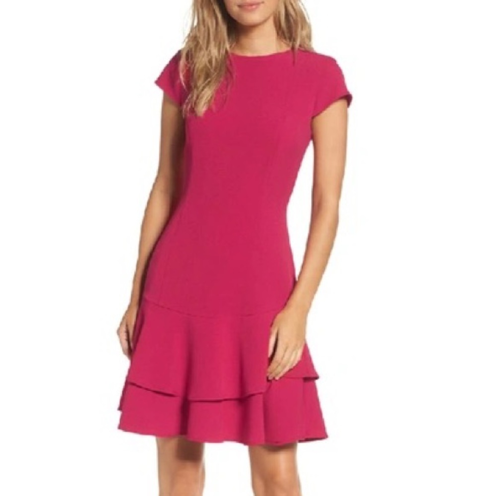 Eliza J Pink Ruffle Crepe Sheath Minidress In Berry Size 2